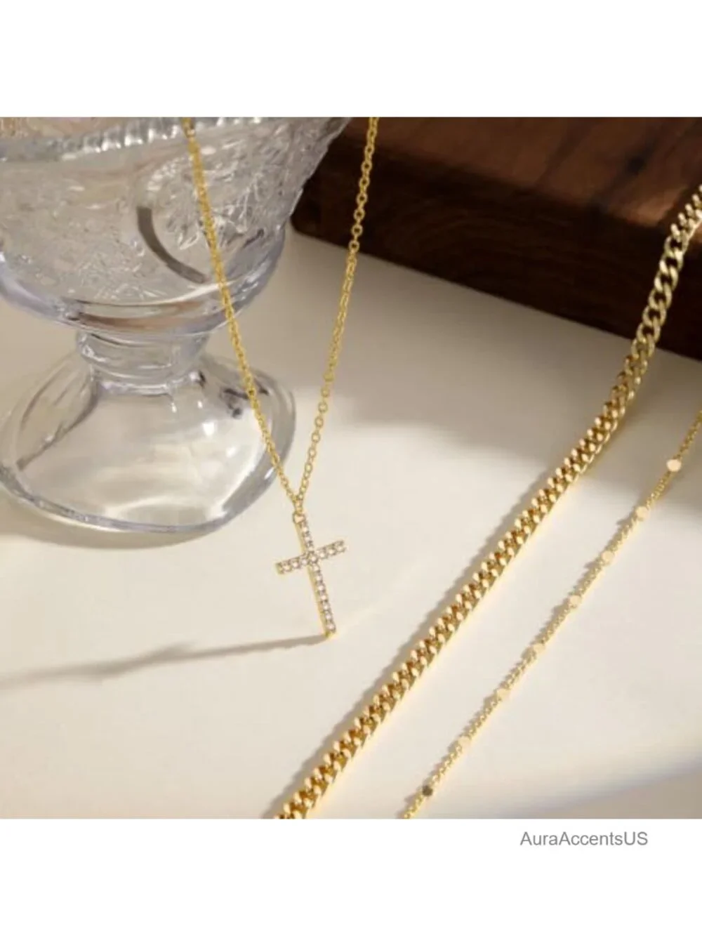 Layered Gold Plated Necklace Set with Cross Pendant